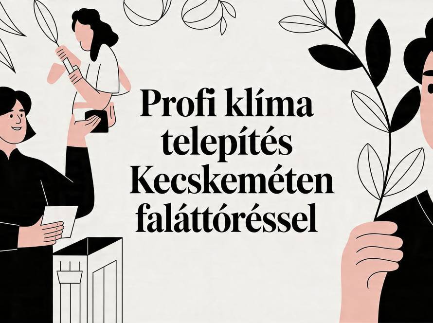 Illustration of a teamwork scene installing climate equipment with a bold Hungarian headline about professional AC installation in Kecskemét.