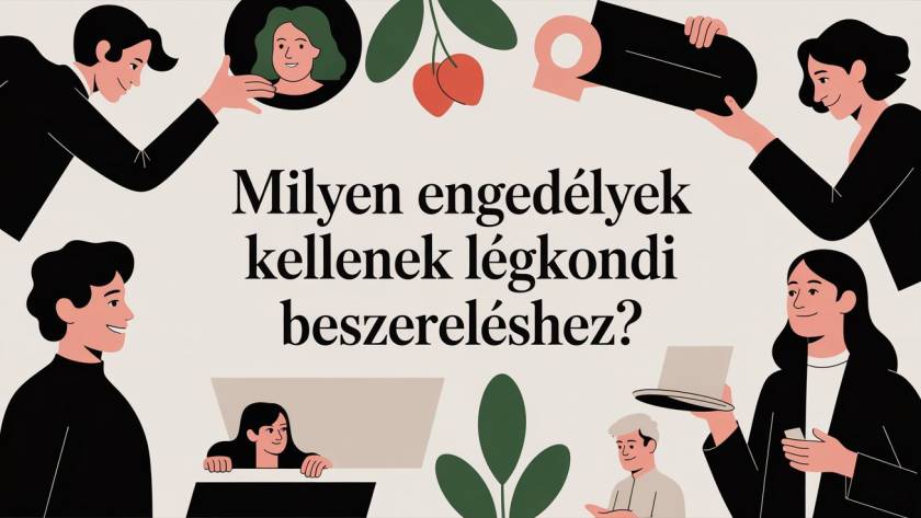 Illustration of a diverse group of people surrounding a bold Hungarian question about which permits are needed to obtain an air conditioner, with plant imagery and a warm, collaborative vibe.