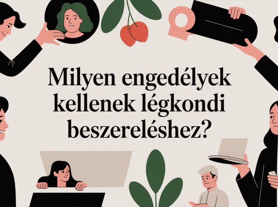 Illustration of a diverse group of people surrounding a bold Hungarian question about which permits are needed to obtain an air conditioner, with plant imagery and a warm, collaborative vibe.