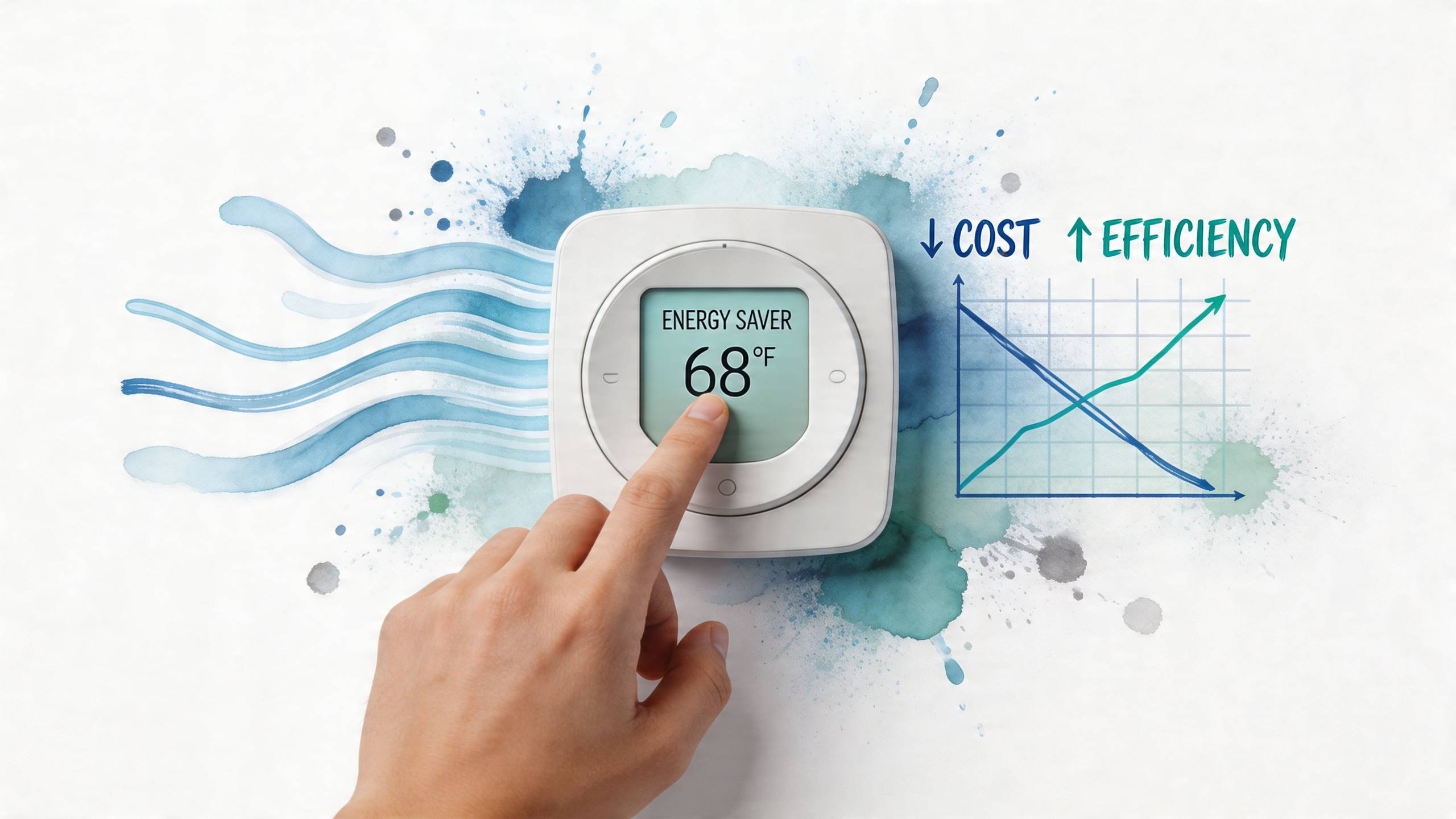 Egy emberi kéz beállítja az otthoni energiatakarékos termosztát hőmérsékletét a költséghatékonyság és energiamegtakarítás érdekében.