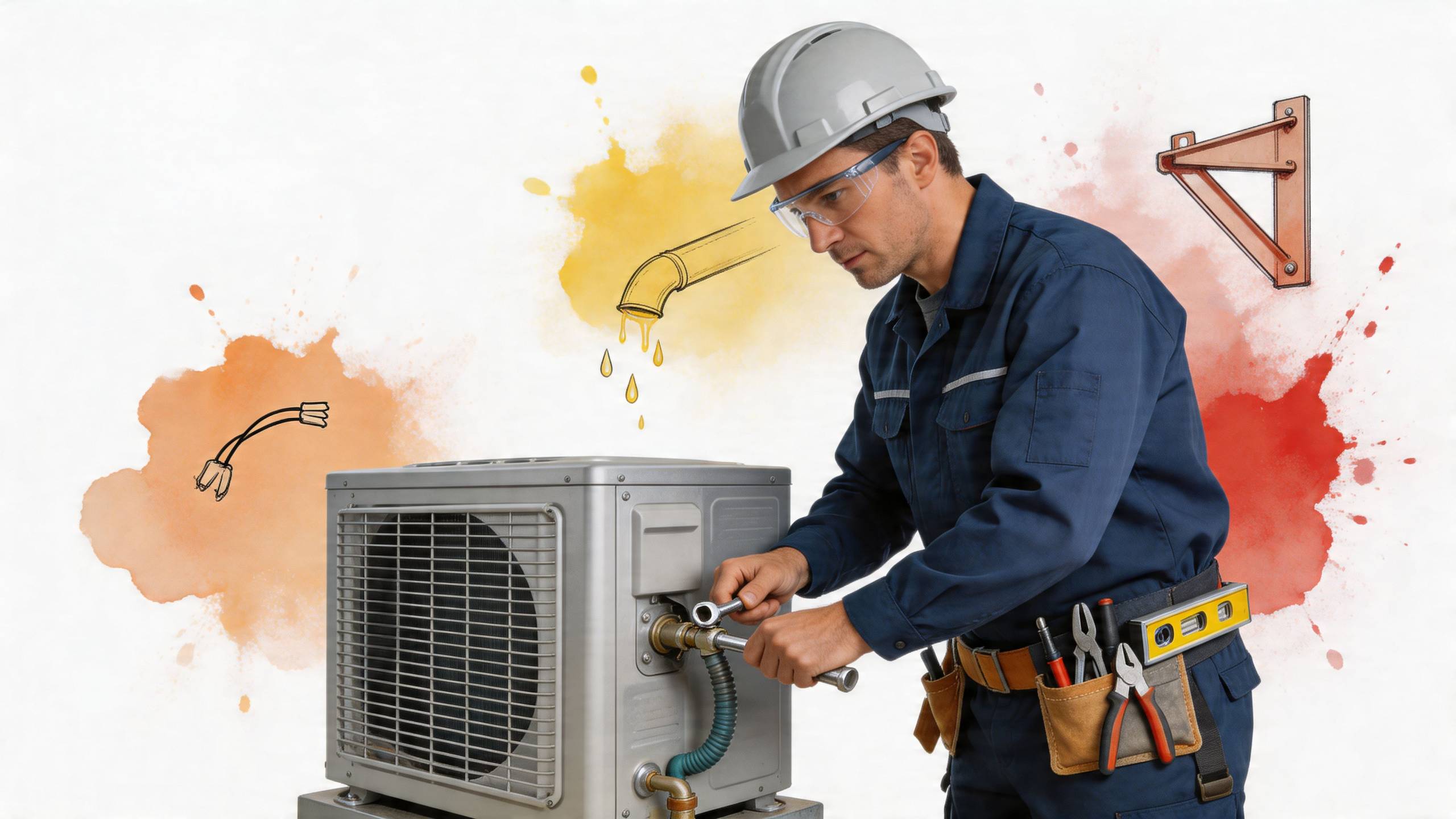 Szakember légkondicionáló kültéri egységét javítja szerszámokkal fehér alapon, illusztrált részletekkel kiegészítve.