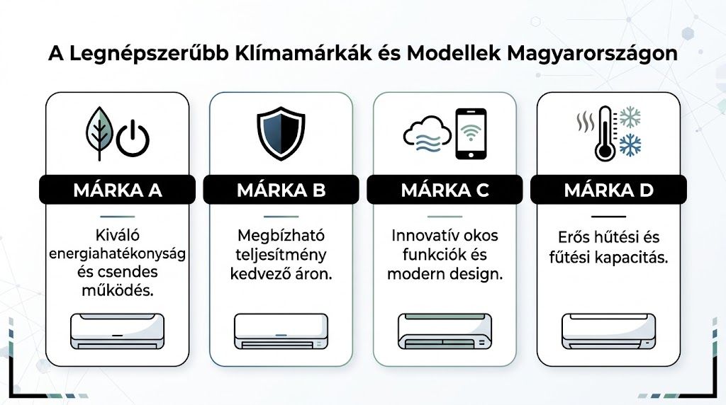 Négy népszerű légkondicionáló márka jellemzői összehasonlító infografikán, bemutatva az energiahatékonyságot, megbízhatóságot, okos funkciókat és a teljesítményt.