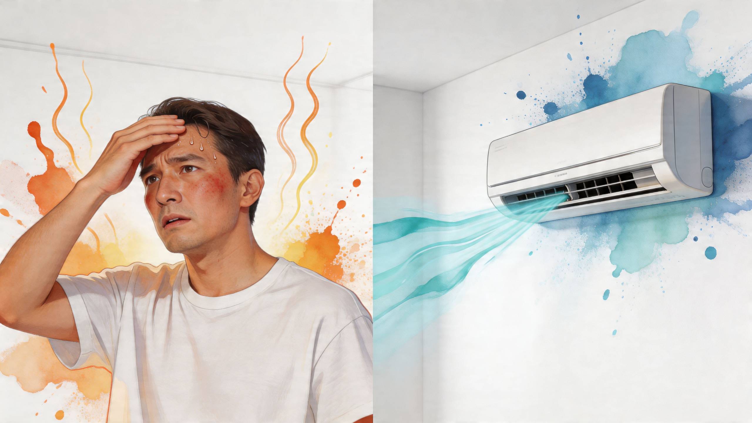 Egy verejtékező férfi, aki a hőségtől szenved, és egy légkondicionáló berendezés, amely hűvös levegőt fúj a szobába.