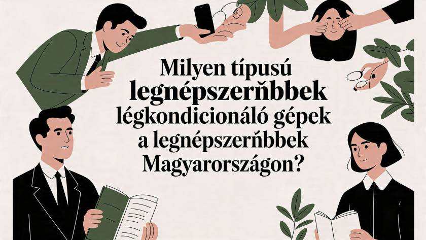 Illustration of people around a large Hungarian headline about the most popular air‑conditioning machines in Hungary, with some reading books or phones nearby.