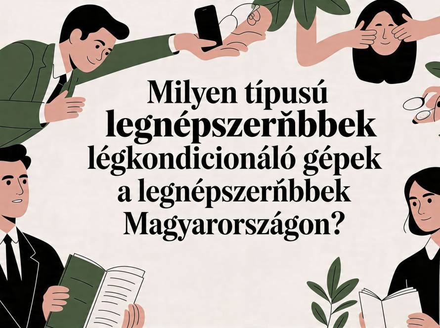 Illustration of people around a large Hungarian headline about the most popular air‑conditioning machines in Hungary, with some reading books or phones nearby.