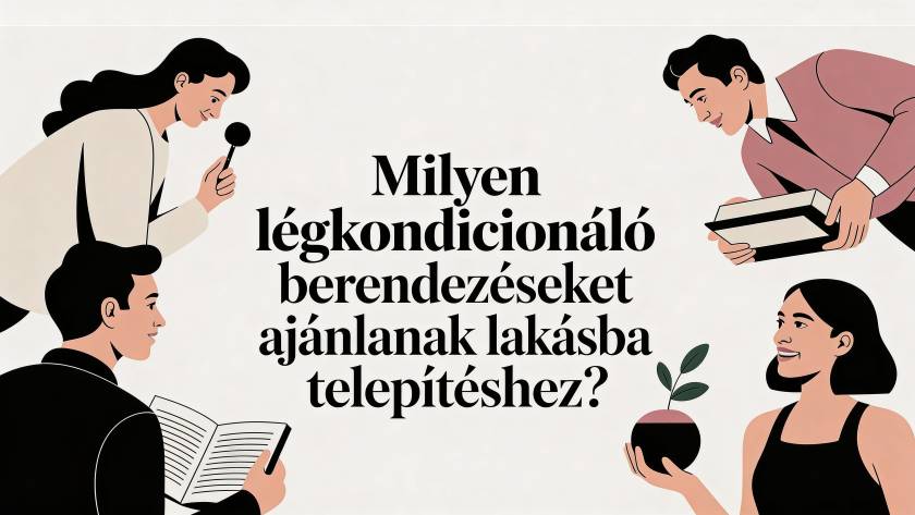 Illustrated banner with people discussing air conditioning installation; Hungarian text asks which AC units to use for apartments