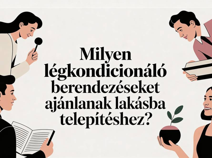 Illustrated banner with people discussing air conditioning installation; Hungarian text asks which AC units to use for apartments