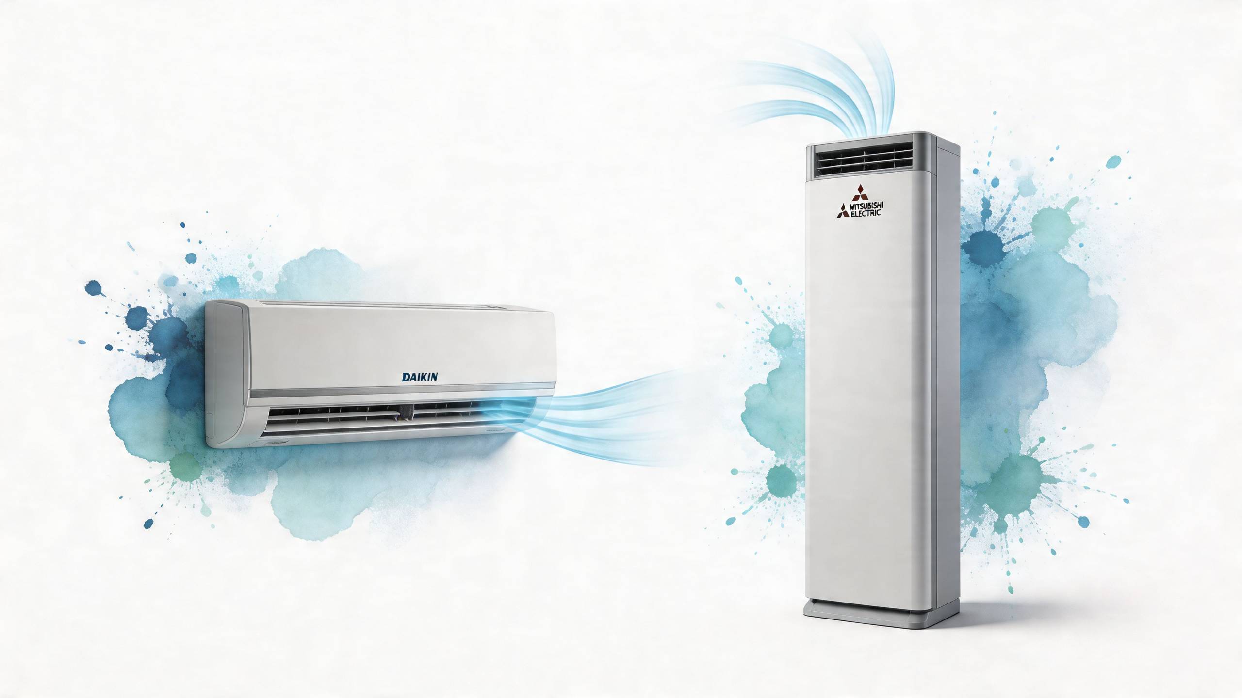 Daikin fali klíma és álló Mitsubishi Electric légkondicionáló berendezés fehér háttéren, kék festékfoltokkal és áramló levegő illusztrációval.