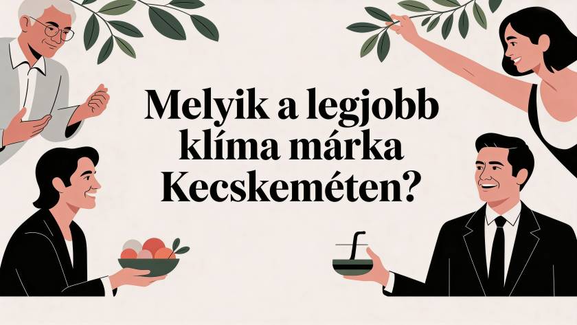 Illustrated poster with people in suits exchanging a bowl of fruit and coffee, greenery above, and bold Hungarian text asking, 'Which is the best climate brand in Kecskemét?'