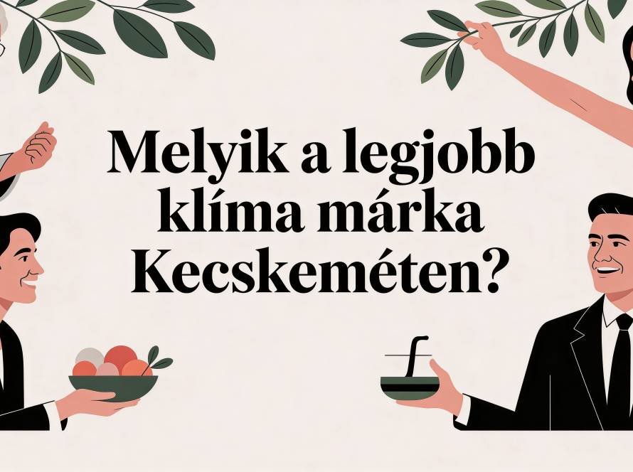 Illustrated poster with people in suits exchanging a bowl of fruit and coffee, greenery above, and bold Hungarian text asking, 'Which is the best climate brand in Kecskemét?'