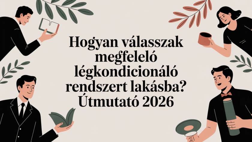 Informational banner with four people around a central Hungarian title about choosing a home air conditioner, text reads 'Hogyan válasszak megfelelő légkondicionáló rendszert lakásba? Útmutató 2026'