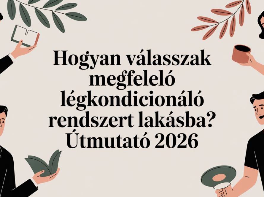 Informational banner with four people around a central Hungarian title about choosing a home air conditioner, text reads 'Hogyan válasszak megfelelő légkondicionáló rendszert lakásba? Útmutató 2026'