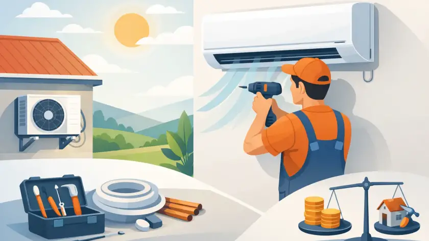 HVAC technician in orange overalls installing a wall-mounted air conditioner outdoors.