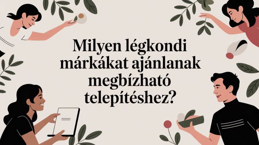 Hungarian banner asking which air conditioner brands are recommended for reliable installation, with people and leaves around.
