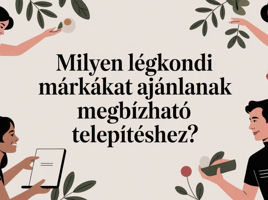 Hungarian banner asking which air conditioner brands are recommended for reliable installation, with people and leaves around.