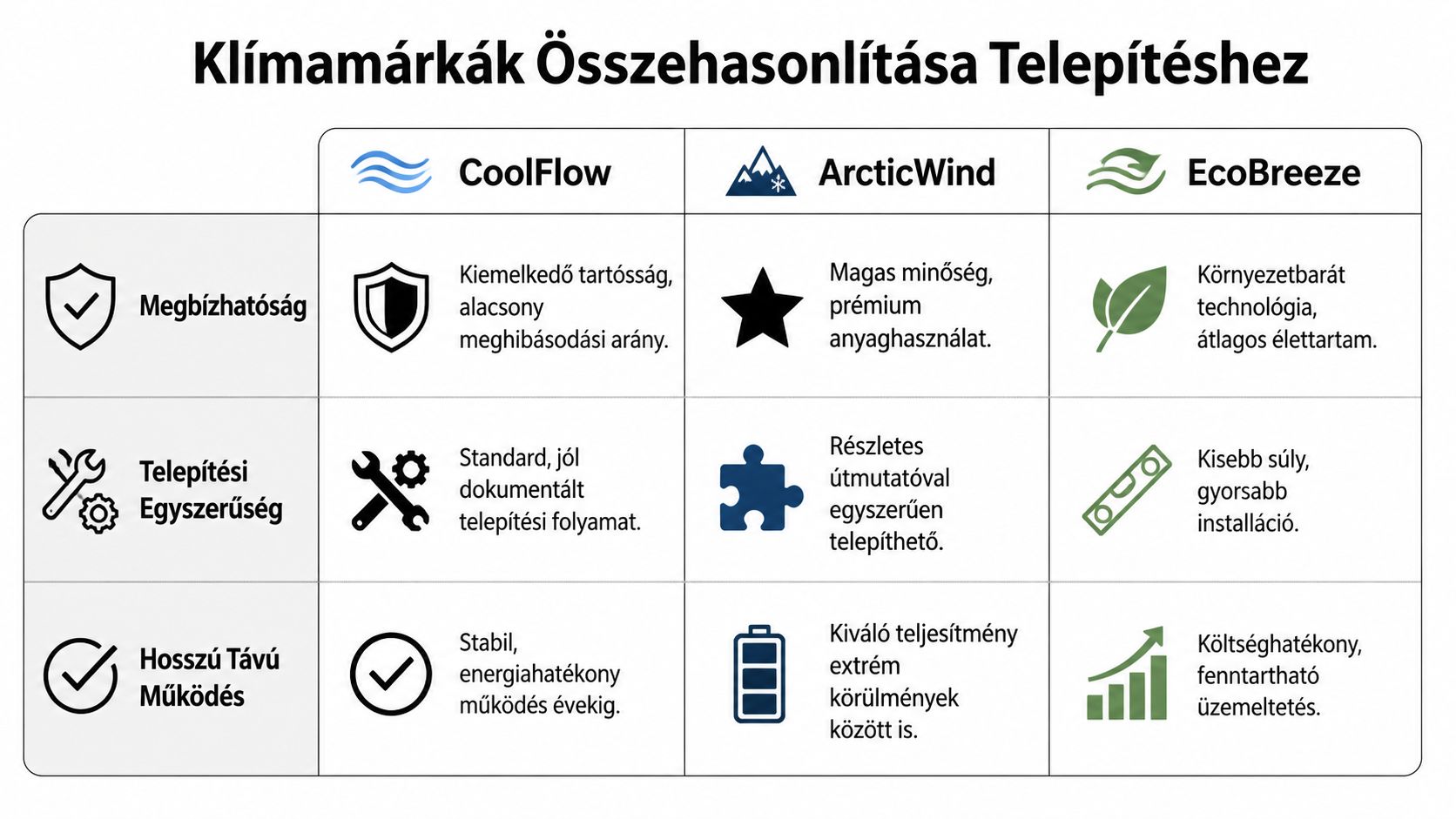 Összehasonlító táblázat a CoolFlow, ArcticWind és EcoBreeze klímamárkák megbízhatóságáról, telepítéséről és hosszú távú működéséről.