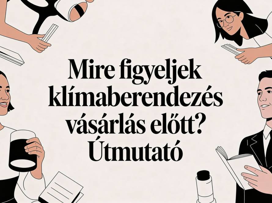 Középen magyar nyelvű cím: 'Mire figyeljek klímavédelmezés vásárlás előtt? Útmutató', körülötte beszélgető, papírokat és könyveket tartó emberek illusztrációja.