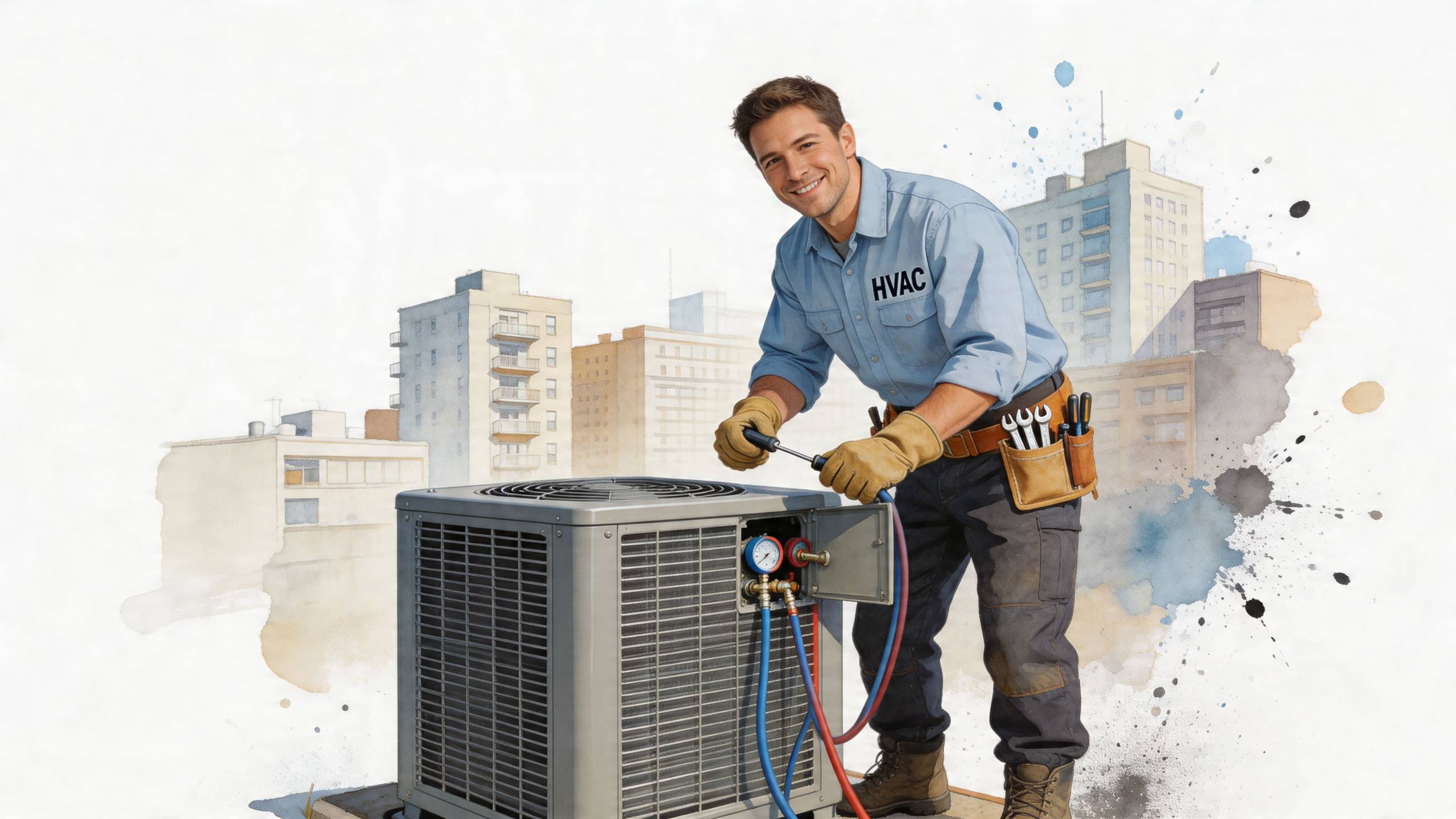 Mosolygó HVAC szakember szereli a tetőn lévő kültéri légkondicionáló egységet szerszámokkal és műszerekkel felszerelve.