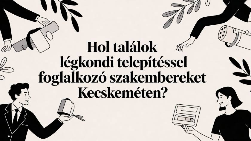 Poster-style illustration with Hungarian text asking "Hol találok légkondi telepítéssel foglalkozó szakembereket Kecskeméten?" surrounded by silhouettes of people and tools, conveying a service inquiry about AC installations in Kecskemét.