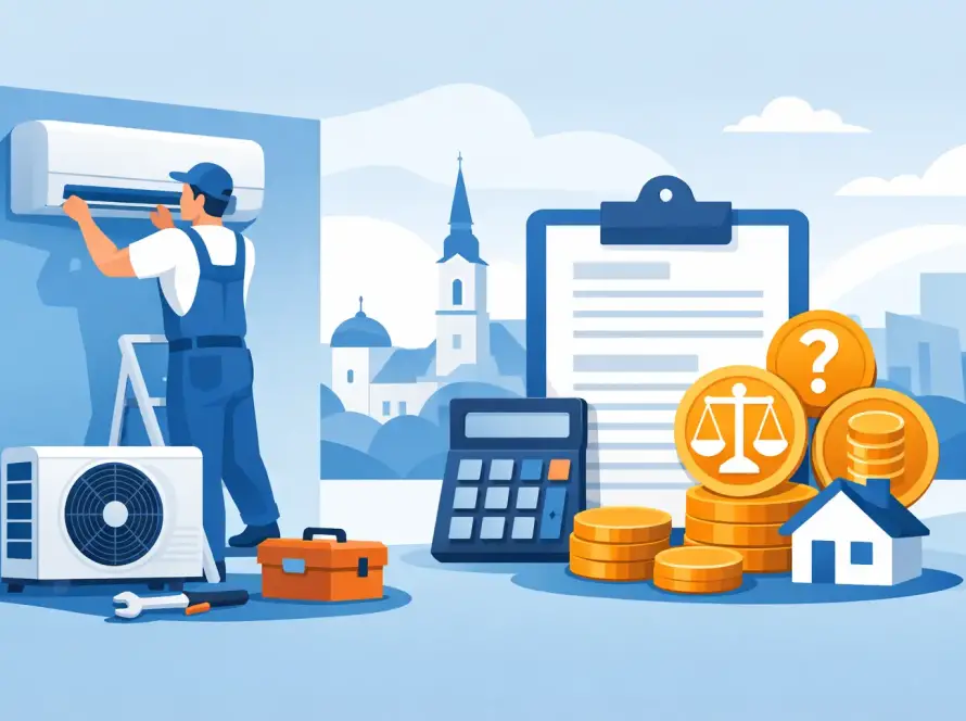 HVAC technician installing an outdoor air conditioner unit with tools, a calculator, clipboard, and coins symbolizing home maintenance costs beside a small house icon.